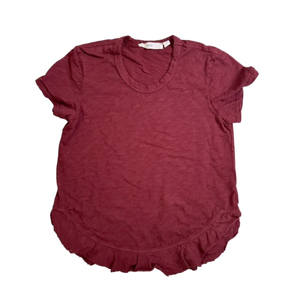 Wilt T-Shirt XS Burgundy Ruffle Hem Slub Knit Short Sleeve Crew Neck W034969